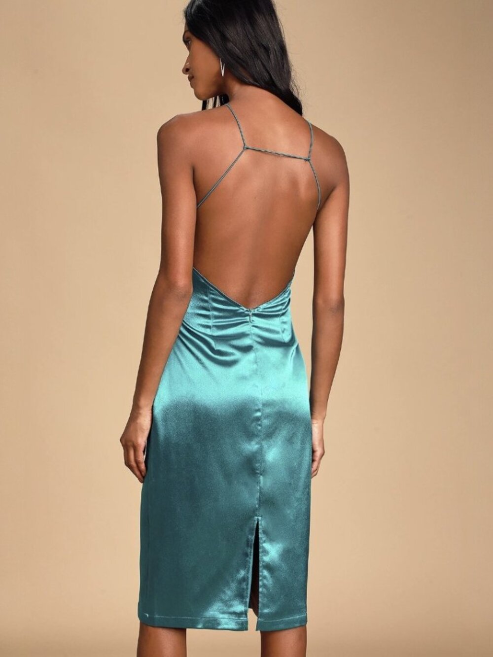 Lulus Zoyah Teal Green Satin Backless Midi Dress NWT - Picture 4 of 10